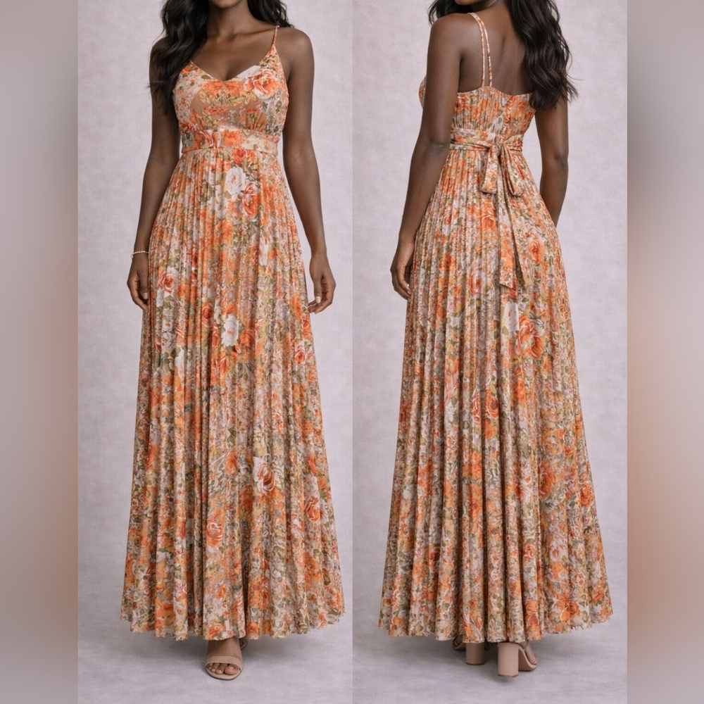 Floral Maxi Dress with Tie Back - Peach Multi